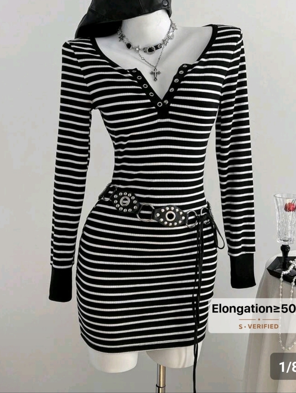 Striped Long-Sleeve Ribbed Bodycon Dress - Black & White